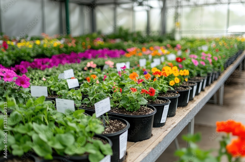 Fototapeta premium A large greenhouse filled with rows of colorful flower seedlings, each in small black pots with white labels on them.
