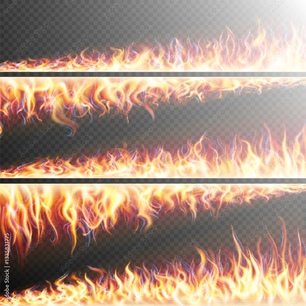Collection of horizontal flame borders with varying intensities and styles, set on a transparent background