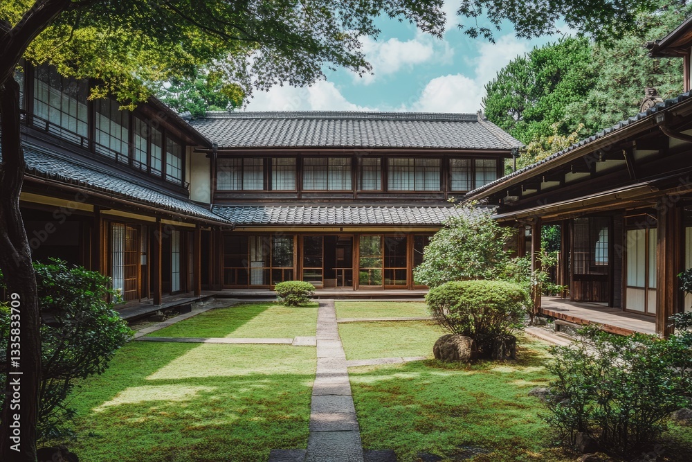 The courtyard of the Japanese-style building is surrounded by trees and grass, with green lawns in front of it. The wooden house has a traditional architectural style and simple decoration The courtyard of the Japanese-style building is surrounded by trees and grass, with green lawns in front of it. The wooden house has a traditional architectural style and simple decoration
