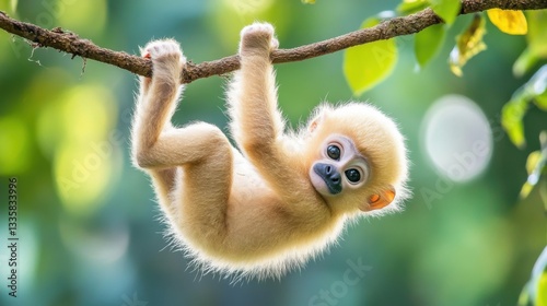 Baby monkey hanging playfully from a tree branch in a lush forest