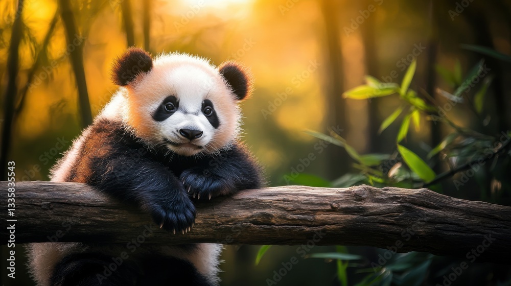 Fototapeta premium Cute Baby Panda Sitting on a Branch in a Forest Environment