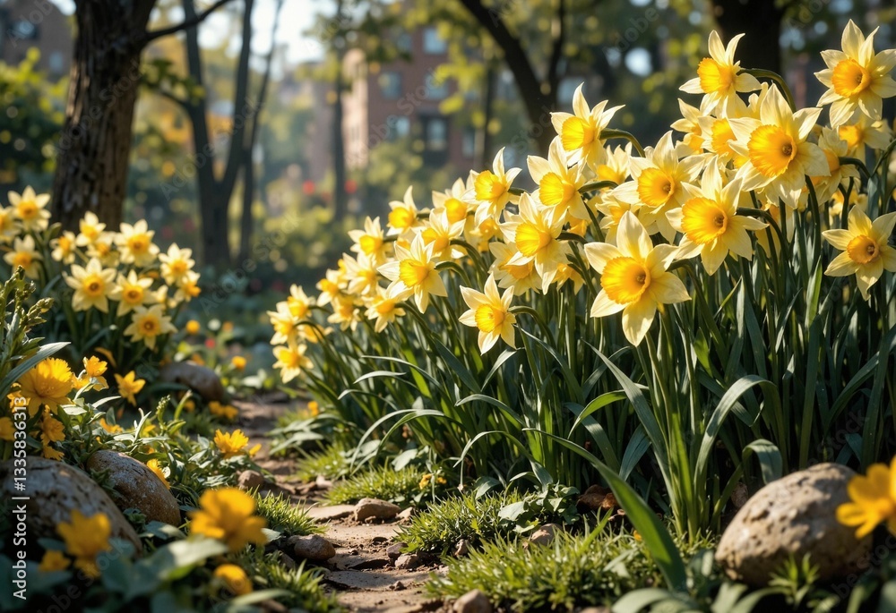 Vibrant garden path with yellow daffodils. Vibrant garden path with yellow daffodils.