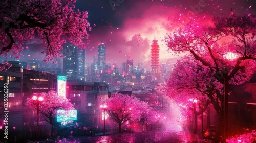An illustration of anime background showcasing beautiful cityscape with cherry blossom trees in cyberpunk style