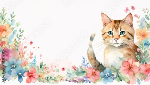 A soft watercolor frame featuring a playful cat with its tail
