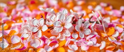 Delicate spring blossoms, vibrant petals strewn across a warm orange crystal , stock photo, spiritual