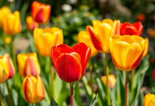 Close-up of vibrant, colorful Tulipa gesneriana tulips blooming in a spring garden,  detail,  macro photo