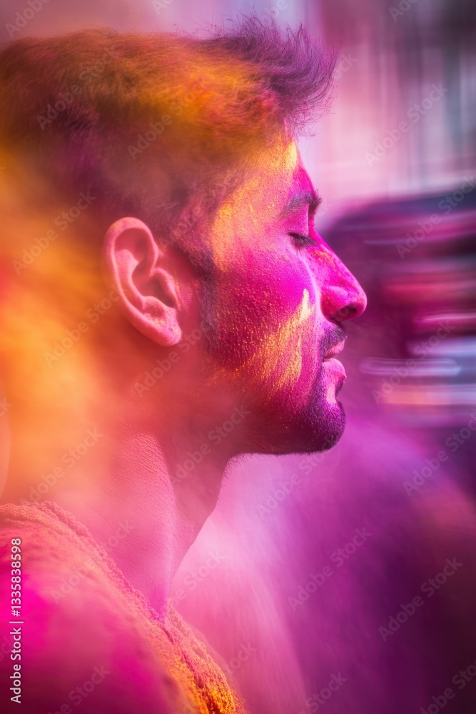A deep-focus image where only the Holi colors appear in sharp detail while everything else dissolves into a soft blur A deep-focus image where only the Holi colors appear in sharp detail while everything else dissolves into a soft blur
