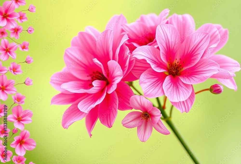 Delicate pink floral pattern on left, soft green background, generative AI floral design, background, spring Delicate pink floral pattern on left, soft green background, generative AI floral design, background, spring