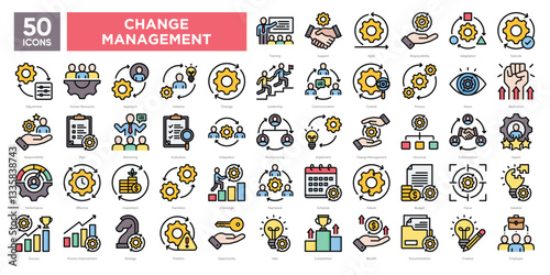 Change management icon collection set, including leadership, strategy, adaptation, teamwork, and process improvement. Ideal for presentations, infographics, and business materials.