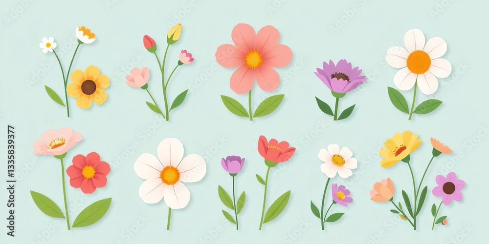 Obraz premium Nine adorable flat vector flower illustrations; perfect spring design elements, image, garden
