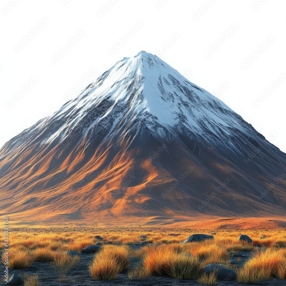 Fototapeta premium Majestic Snow-Capped Mountain Peak Overlooking a Golden Grassy Expanse