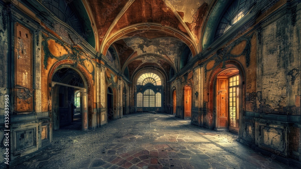 Obraz premium Decaying architecture of a large abandoned hall with arched doorways