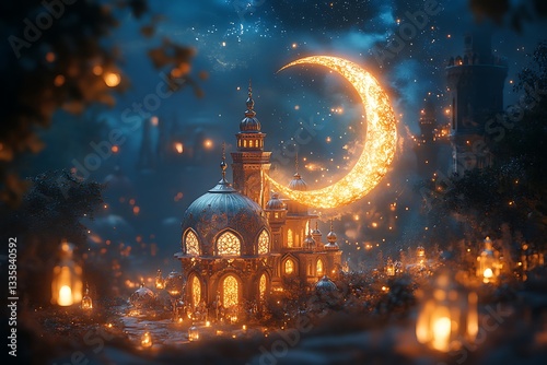 Magical Night Golden Mosque Crescent Moon Fantasy Illustration Sky Art Dark Calm Stars Image Scene  