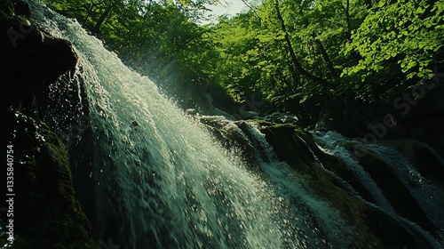 Lush forest waterfall cascading, sunlight, nature, travel