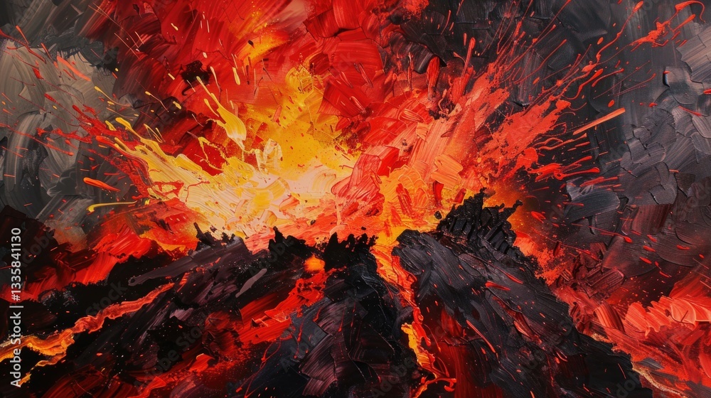 A dramatic painting depicting a volcanic eruption and fiery explosion A dramatic painting depicting a volcanic eruption and fiery explosion