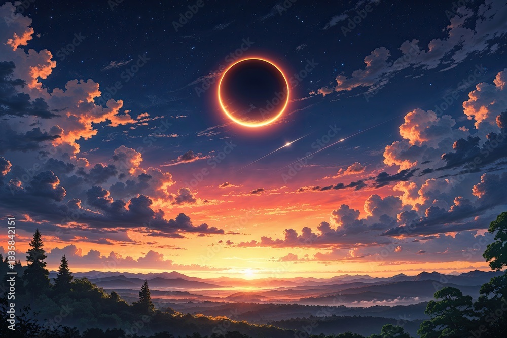 Anime Sunset Landscape with Eclipse Sky Background Design Anime Sunset Landscape with Eclipse Sky Background Design