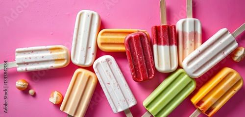 Overhead shot of assorted ice cream popsicles on a pink textured background, colorful, delicious