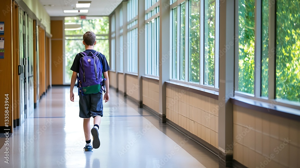 Obraz premium A Young Student Walking Down the Hallway with a Backpack Ready for a New Adventure