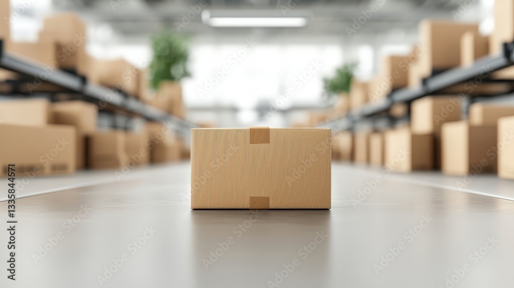 Wooden Box on Warehouse Floor with Stacks of Cardboard Boxes Wooden Box on Warehouse Floor with Stacks of Cardboard Boxes