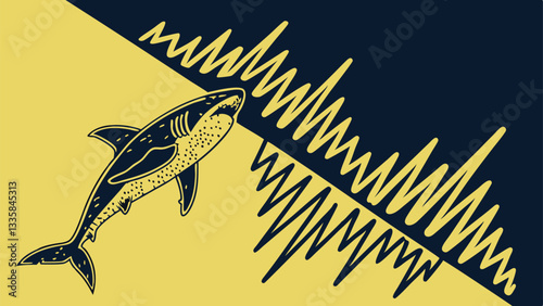 A stylized illustration of a shark facing a powerful, graphic wave pattern, suggesting a conflict or a powerful force of nature.