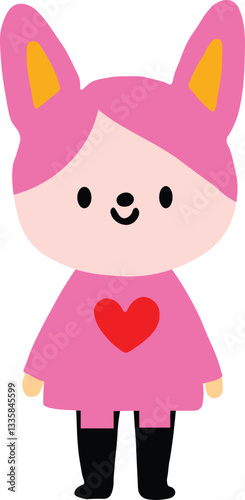 Cute rabbit girl cartoon pink dress clipart sticker art illustration rabbit cap on her head