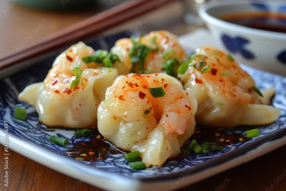 Freshly Steamed Dumplings with Shrimp and Chives on Plate Freshly Steamed Dumplings with Shrimp and Chives on Plate