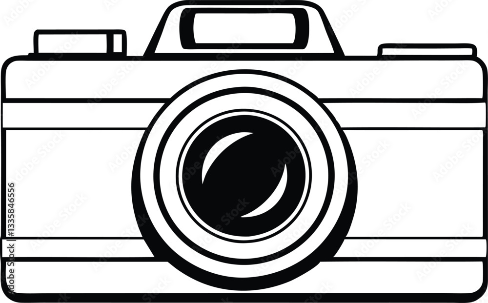 A clean, outlined, black and white illustration of a vintage camera. A clean, outlined, black and white illustration of a vintage camera.