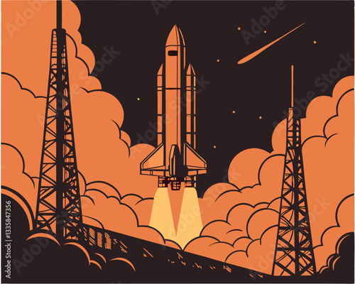 Stylized illustration of a space shuttle launching with towers and fiery smoke against an orange sky.