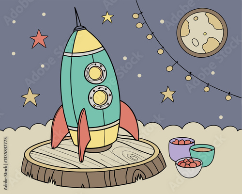 A charming cartoon rocket ship sits poised on a wooden launchpad, surrounded by whimsical stars and decorative leaves under a deep blue starry sky.