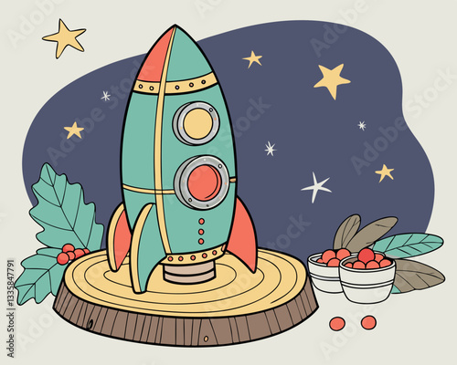 A charming cartoon rocket ship sits poised on a wooden launchpad, surrounded by whimsical stars and decorative leaves under a deep blue starry sky.
