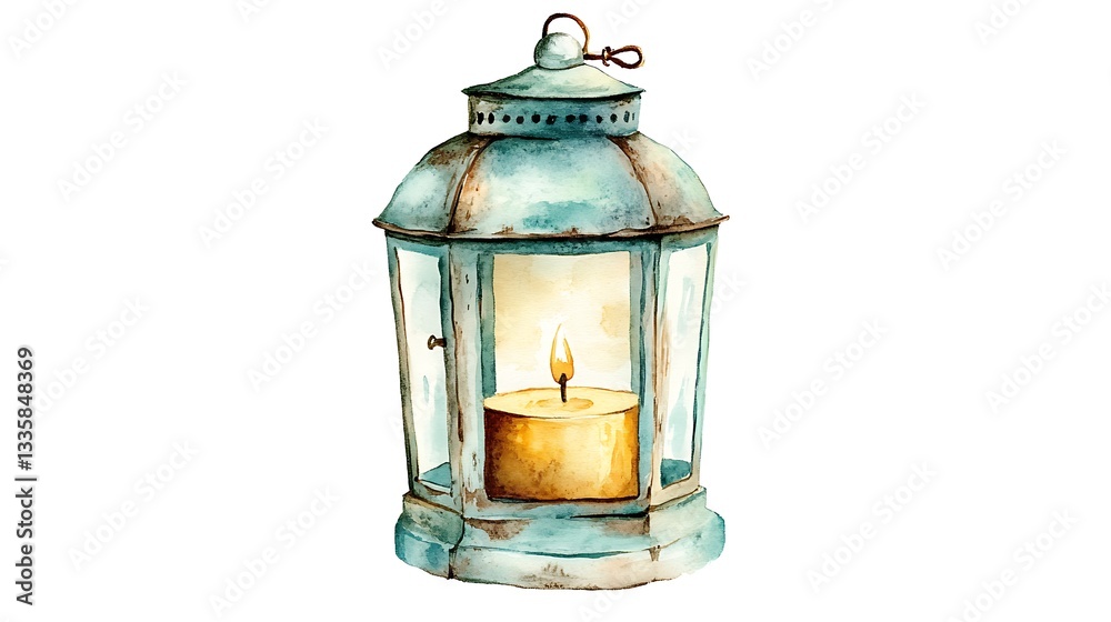Antique Lantern with Glowing Candlelight Watercolor Painting Antique Lantern with Glowing Candlelight Watercolor Painting