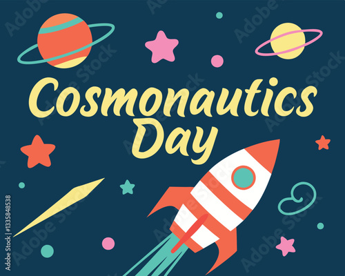 Celebrate Cosmonautics Day with this fun cartoon rocket, planets, and stars design.