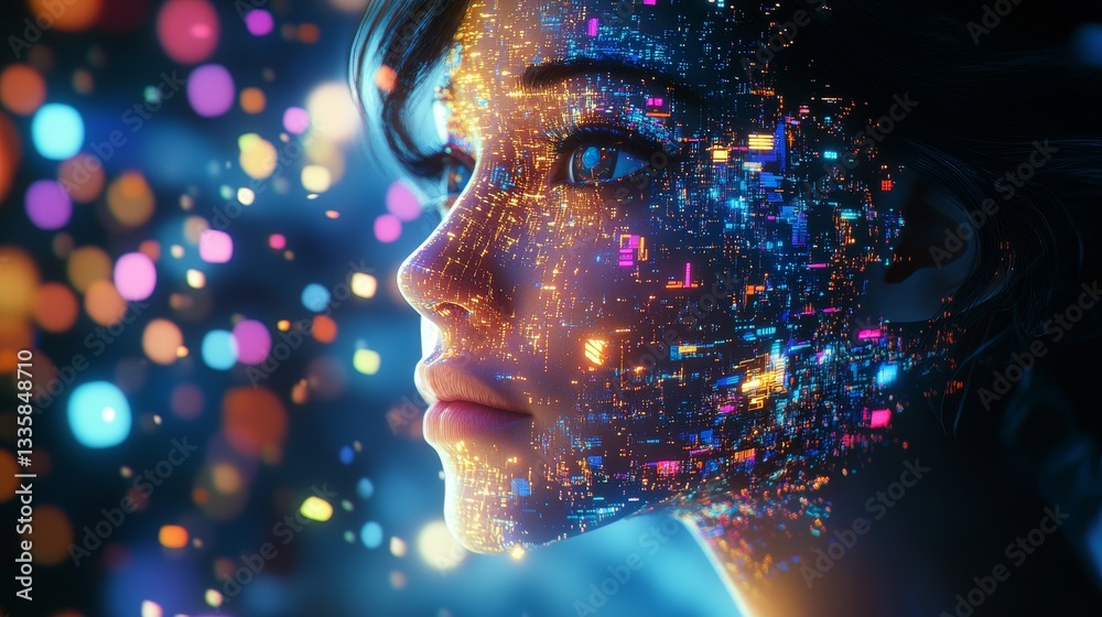 Futuristic Portrait of a Woman with Digital Particles and Colorful Lights Futuristic Portrait of a Woman with Digital Particles and Colorful Lights