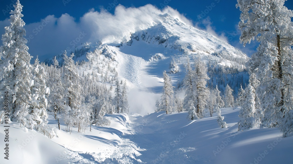 Fototapeta premium Avalanche flowing down a mountainside in a snowy forest