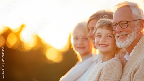 Senior man with grandchildren, joyful grandfather with two smiling kids, warm sunset backdrop, family love and togetherness.