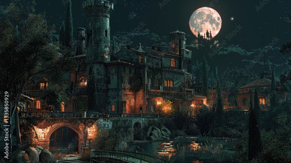 Fototapeta premium A large castle complex sits serenely beneath a full moon