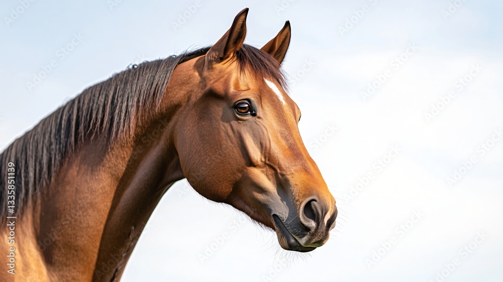 Obraz premium Majestic brown horse portrait, strong features and gentle eyes, outdoors against cloudy sky, perfect for nature themes.