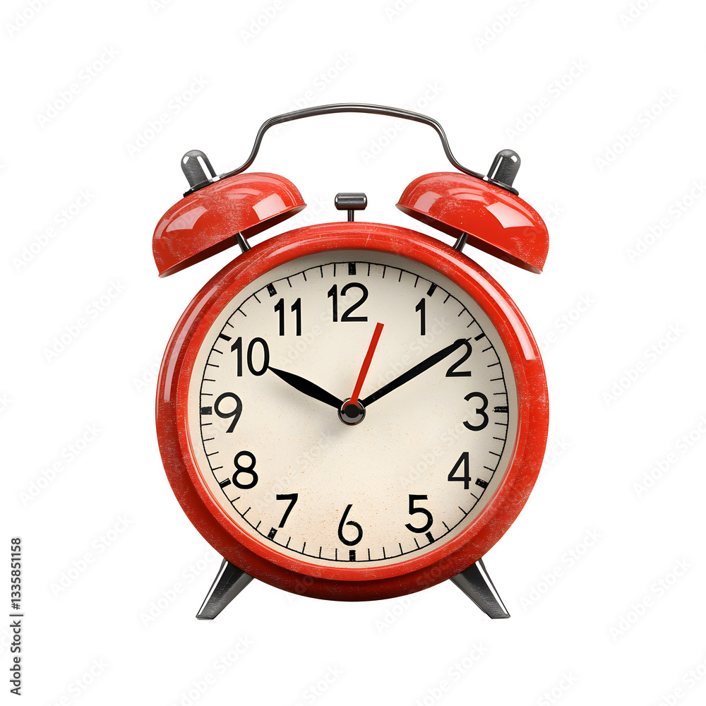 Retro Red Alarm Clock Showing 10:10 Time on Plain White Background, Bright Red Twin-Bell Alarm Clock Retro Red Alarm Clock Showing 10:10 Time on Plain White Background, Bright Red Twin-Bell Alarm Clock