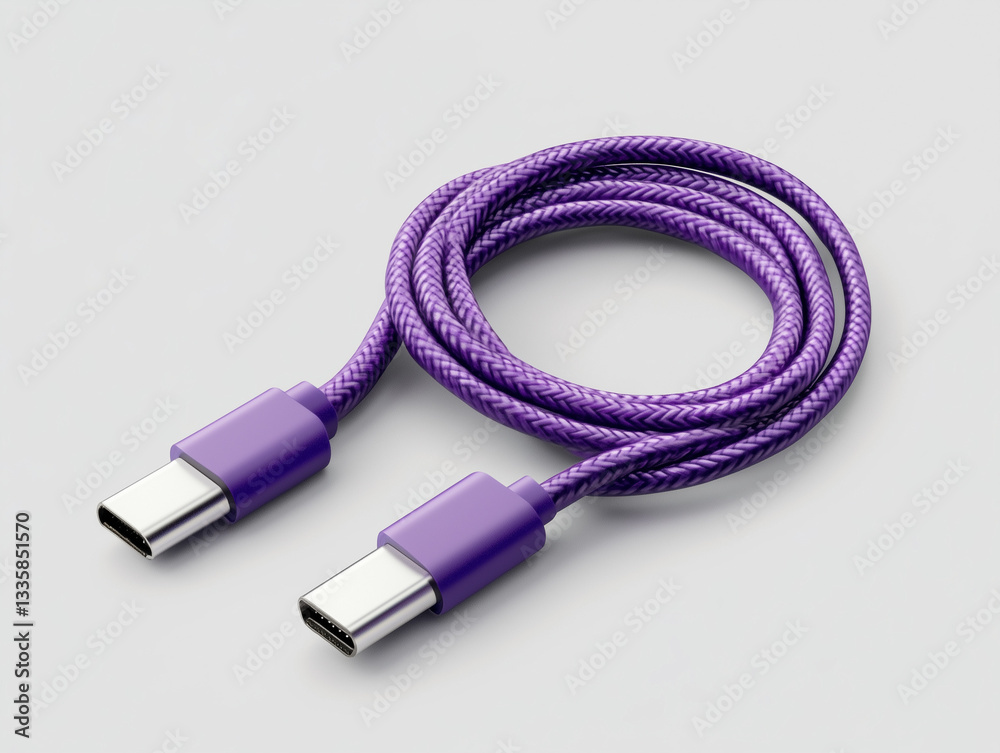 Purple cable with silver connector. Braided cord, coiled neatly on a light grey background. Modern and durable charging cable. Purple cable with silver connector. Braided cord, coiled neatly on a light grey background. Modern and durable charging cable.