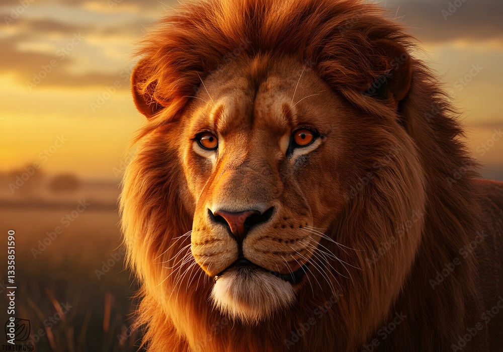 Naklejka premium Majestic Lion at Sunrise, Capturing Wild Beauty