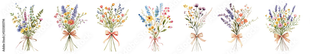 Naklejka premium Ilustracje bukietów kwiatowych w stylu vintage w formacie PNG, elementy ustawione na przezroczystym tle