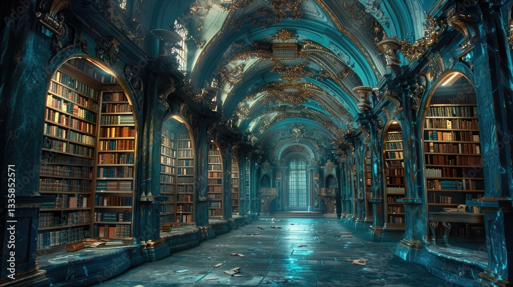 Obraz premium A grand library hall displaying elaborate architecture and many books