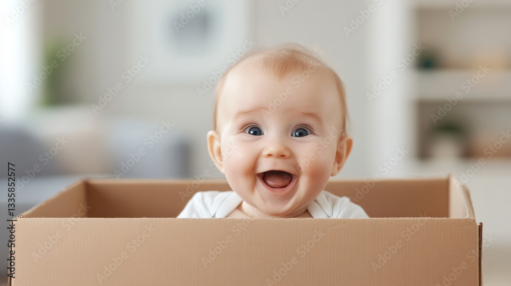Joyful baby peeking from cardboard box, smiling child with blonde hair in bright living room, perfect for family content. Joyful baby peeking from cardboard box, smiling child with blonde hair in bright living room, perfect for family content.