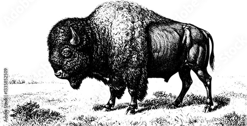 American bison, detailed engraving, vintage illustration, prairie landscape, fluffy clouds, grazing buffalo, majestic wildlife, sepia tones, textured fur, expansive plains, 19th century art style,