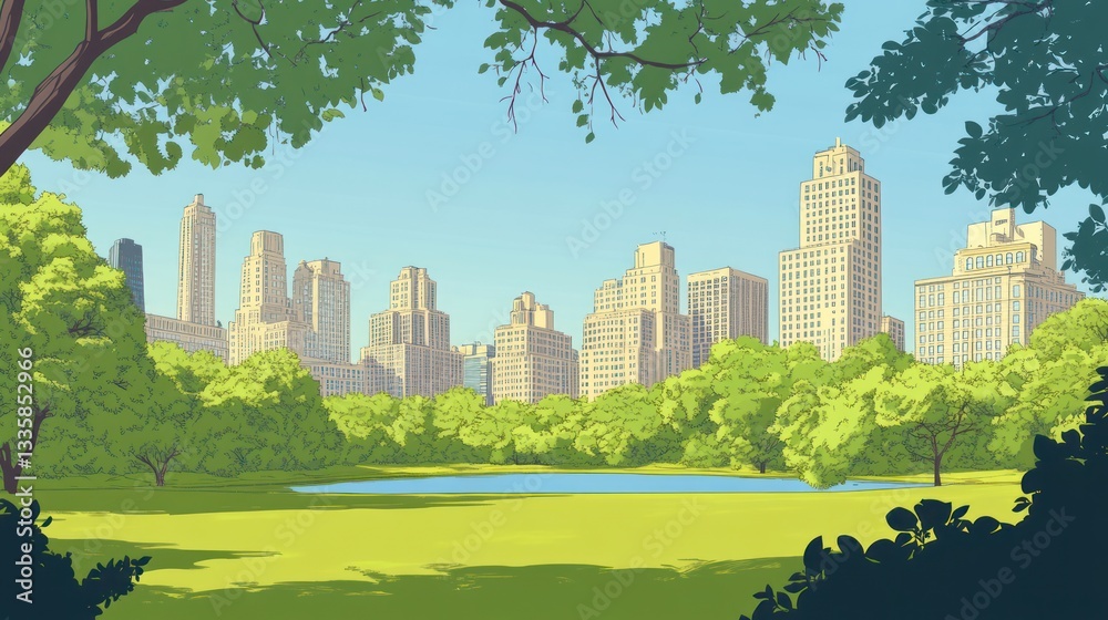 Obraz premium Park city skyline, summer day scene, NYC, relaxation
