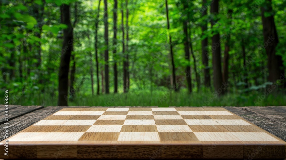 A wooden chessboard in a forest setting, promoting strategic thinking. A wooden chessboard in a forest setting, promoting strategic thinking.