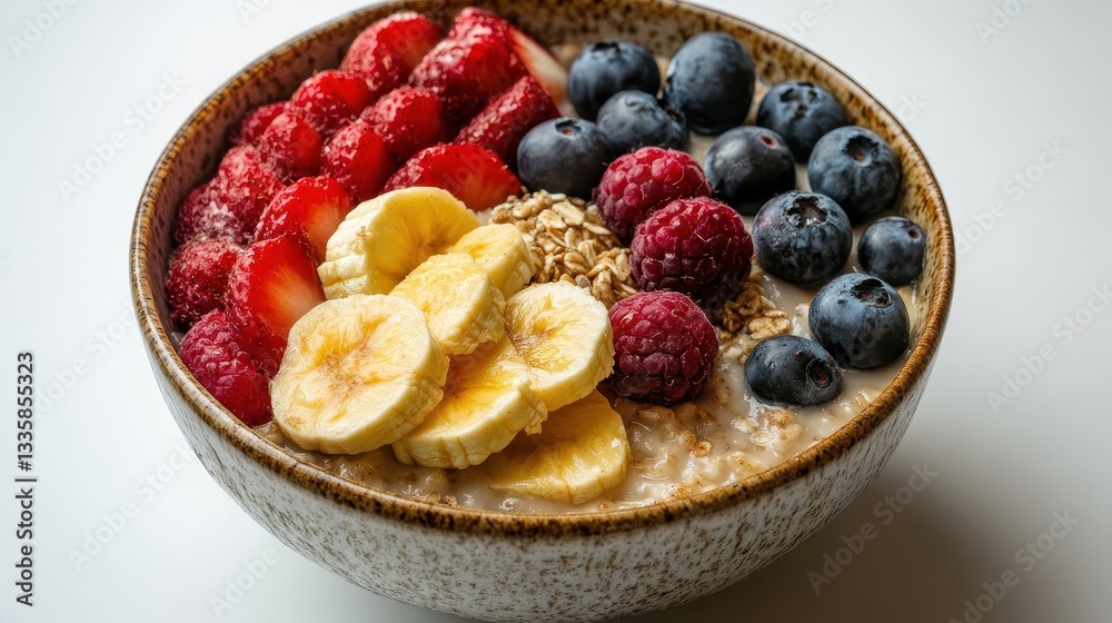Oatmeal topped with strawberries, banana, blueberries, raspberries, and granola. Perfect for blogs, websites, or recipes showcasing healthy breakfasts. Oatmeal topped with strawberries, banana, blueberries, raspberries, and granola. Perfect for blogs, websites, or recipes showcasing healthy breakfasts.