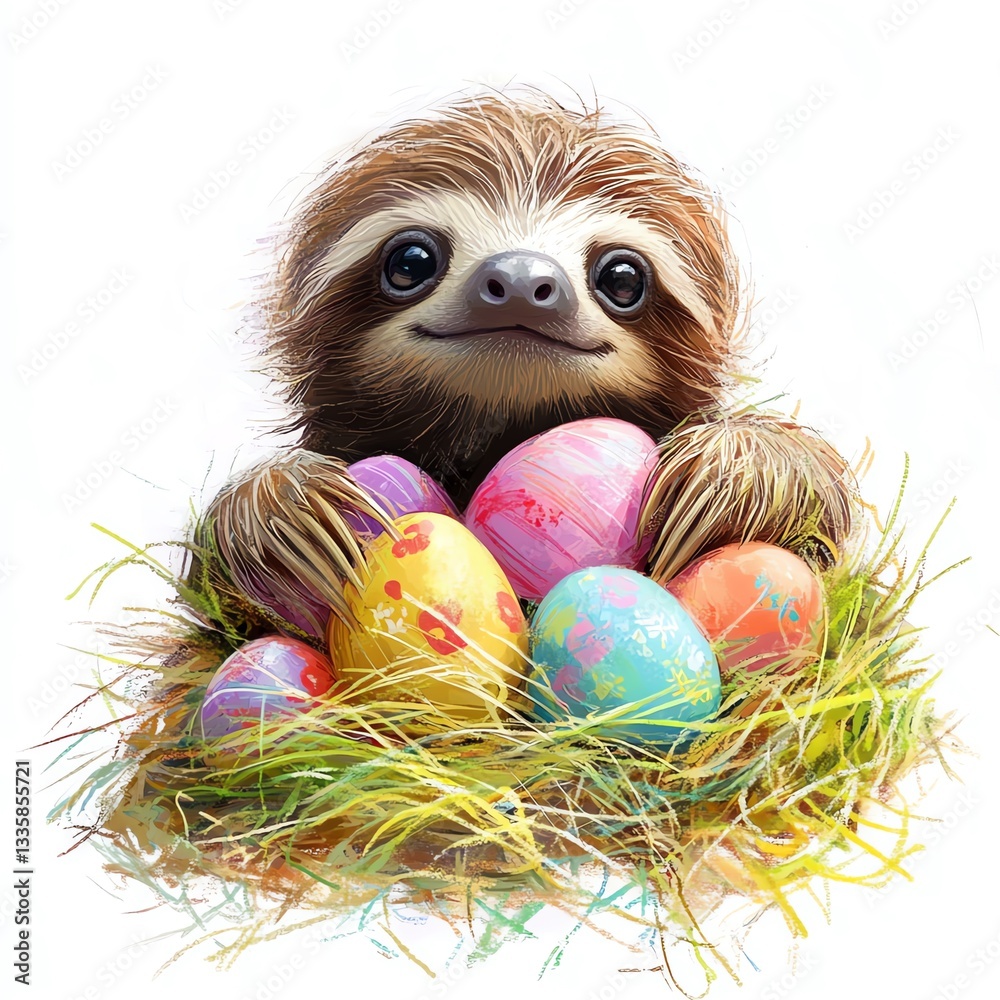 Fototapeta premium Cute sloth surrounded by colorful Easter eggs in a cozy nest of grass.