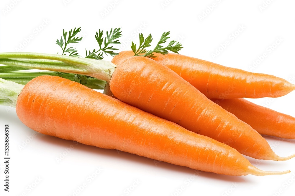 Fresh carrots with green leaves lying on white background Fresh carrots with green leaves lying on white background