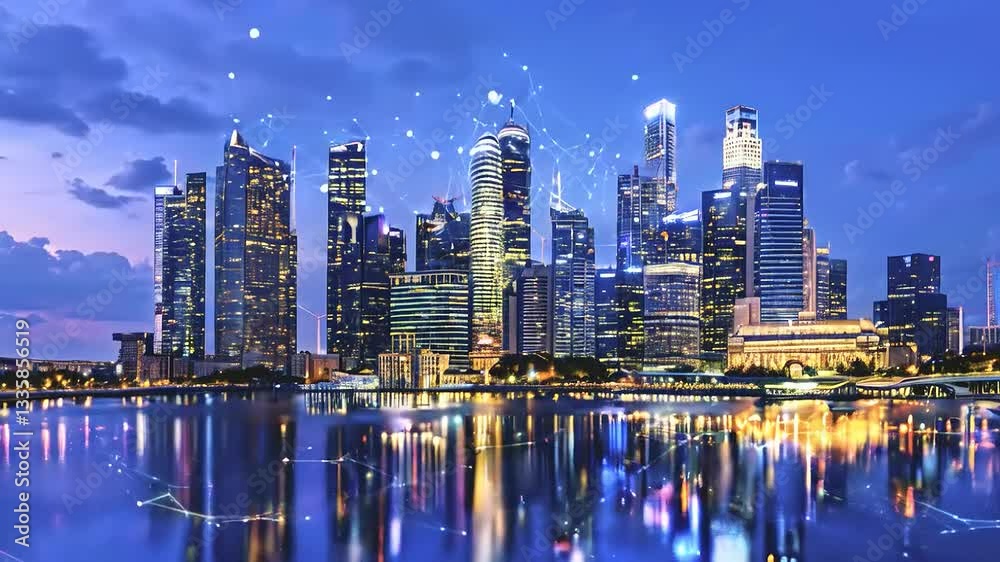 Singapore Skyline: Night Lights and Digital Connections